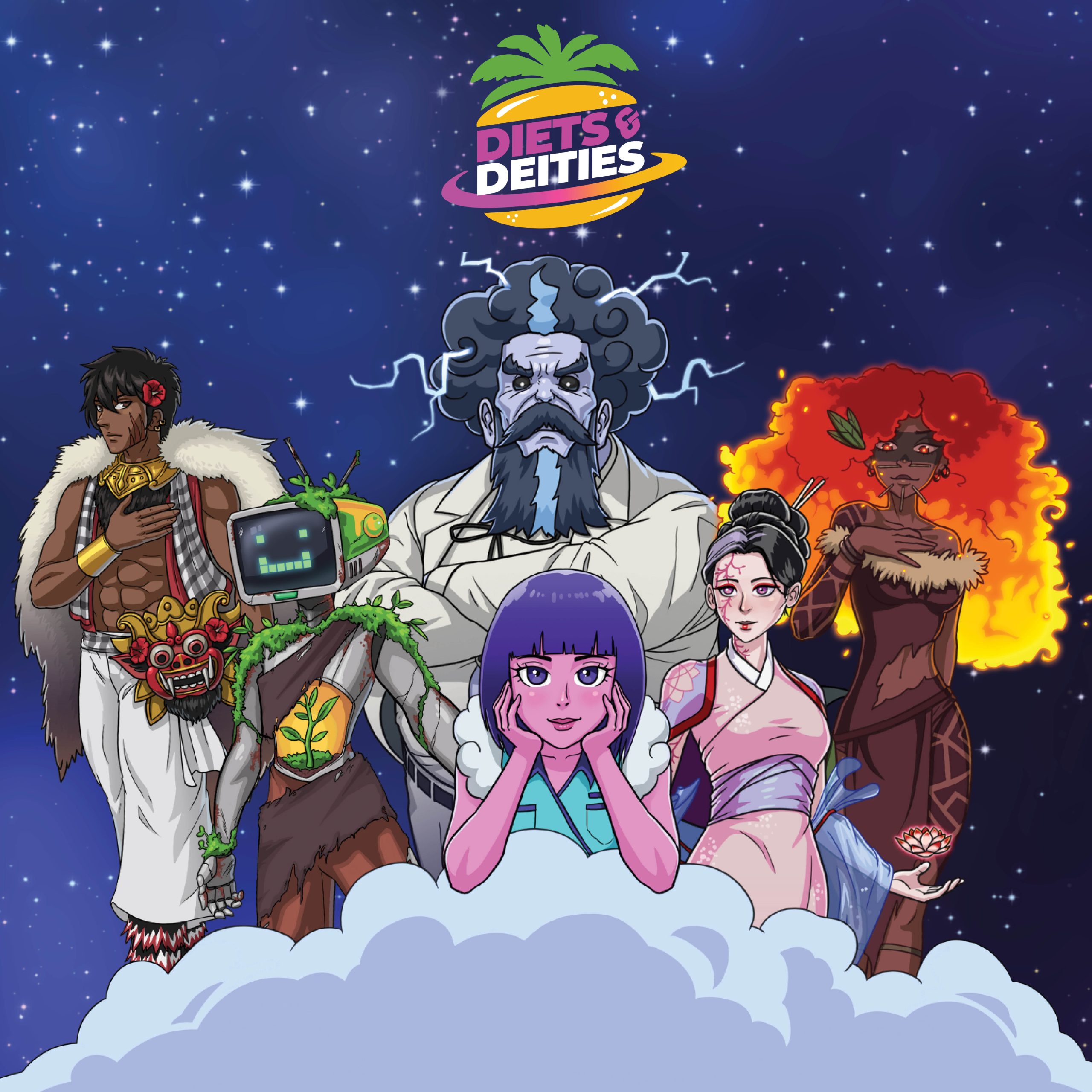 Illustration of game characters with the 'Diets and Deities' logo at the top