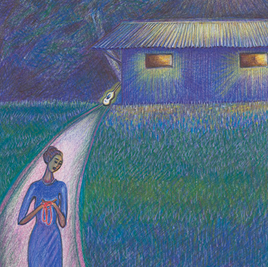 Painting of someone holding something and walking away from a shed