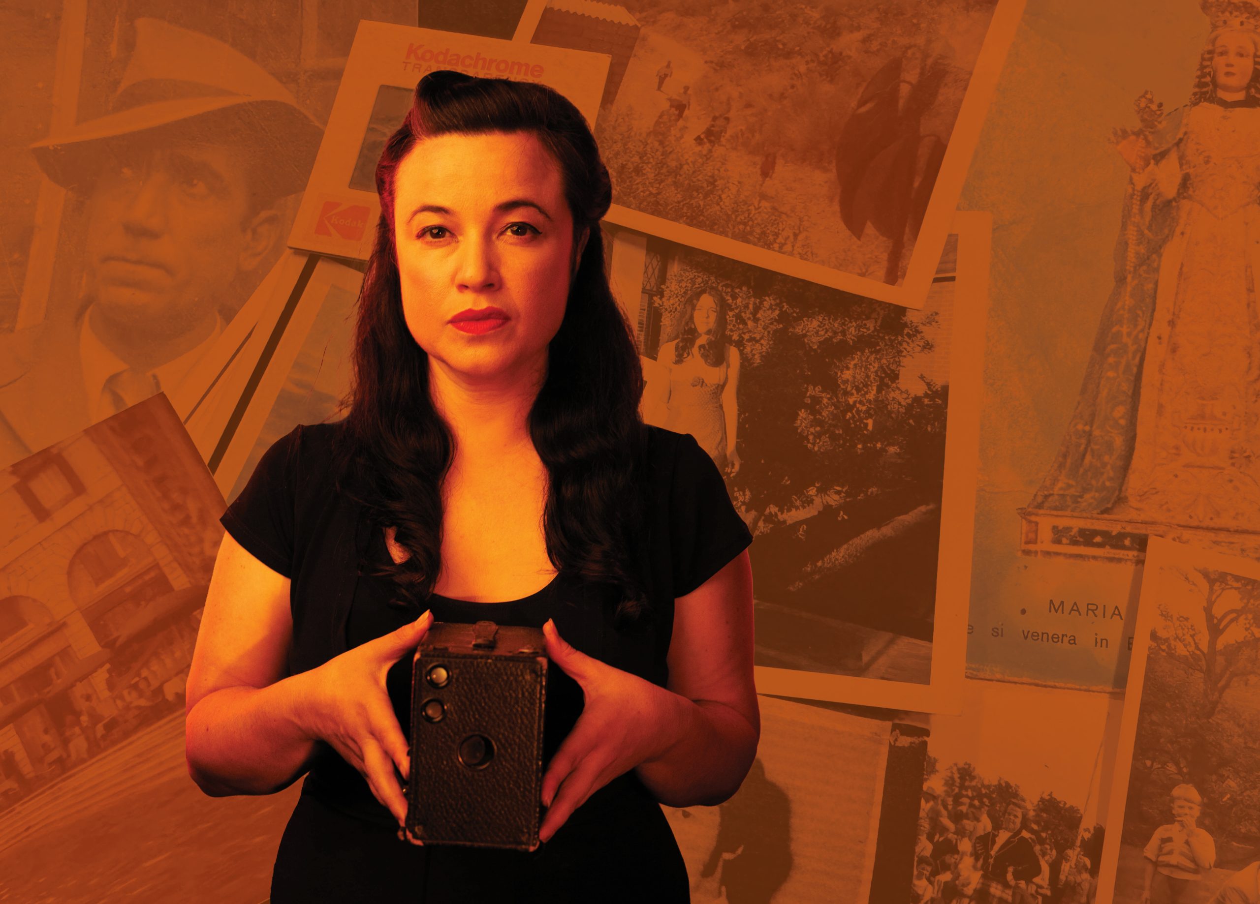 Photograph of someone holding a camera and staring at the viewer with photos collaged in the background