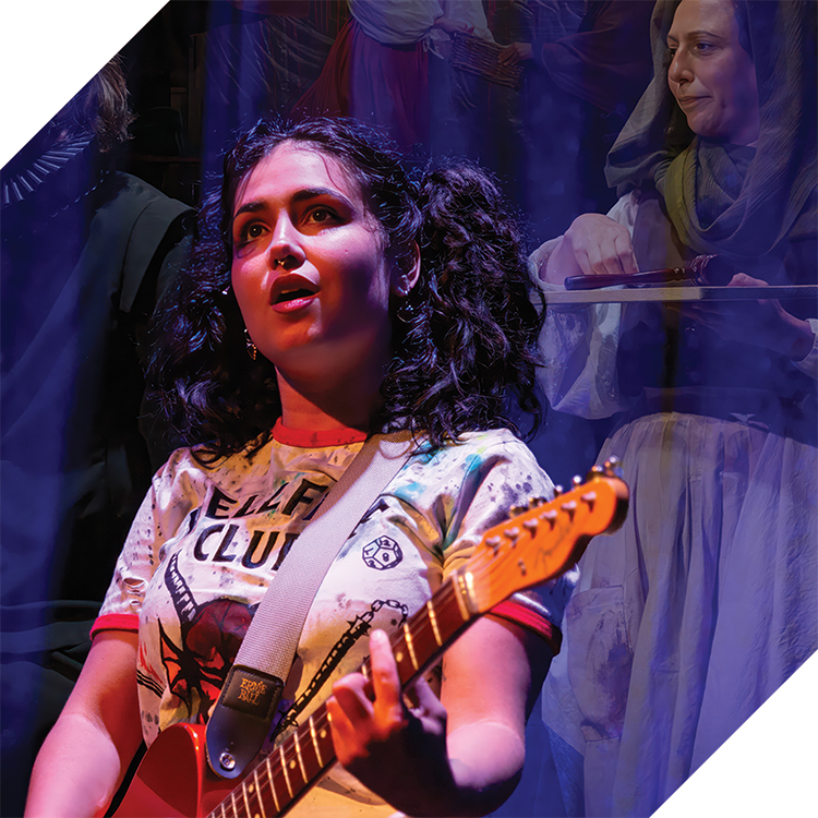 Photograph of performer Stevie Jean with a guitar with images collaged in the background