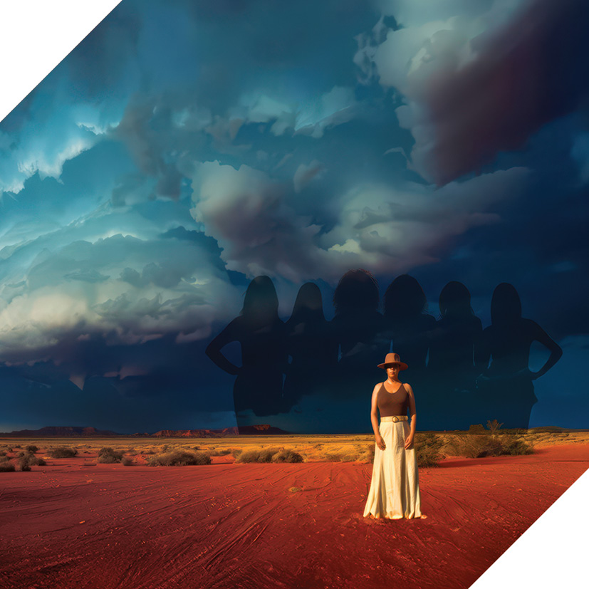 Photograph of Writer and Director Yvette Walker on a red dirt plain with a storm in the background