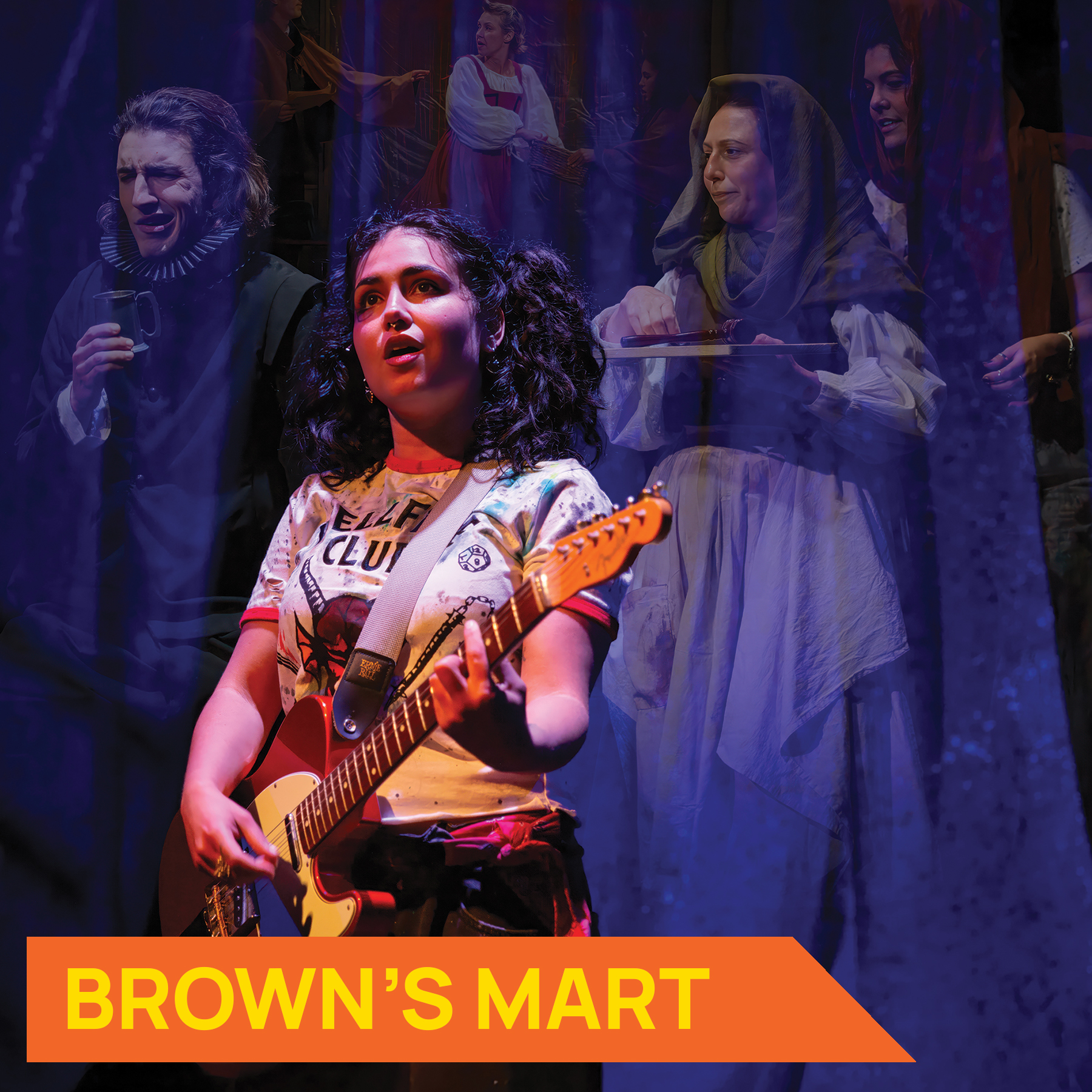 Photograph of performer Stevie Jean with a guitar with images collaged in the background