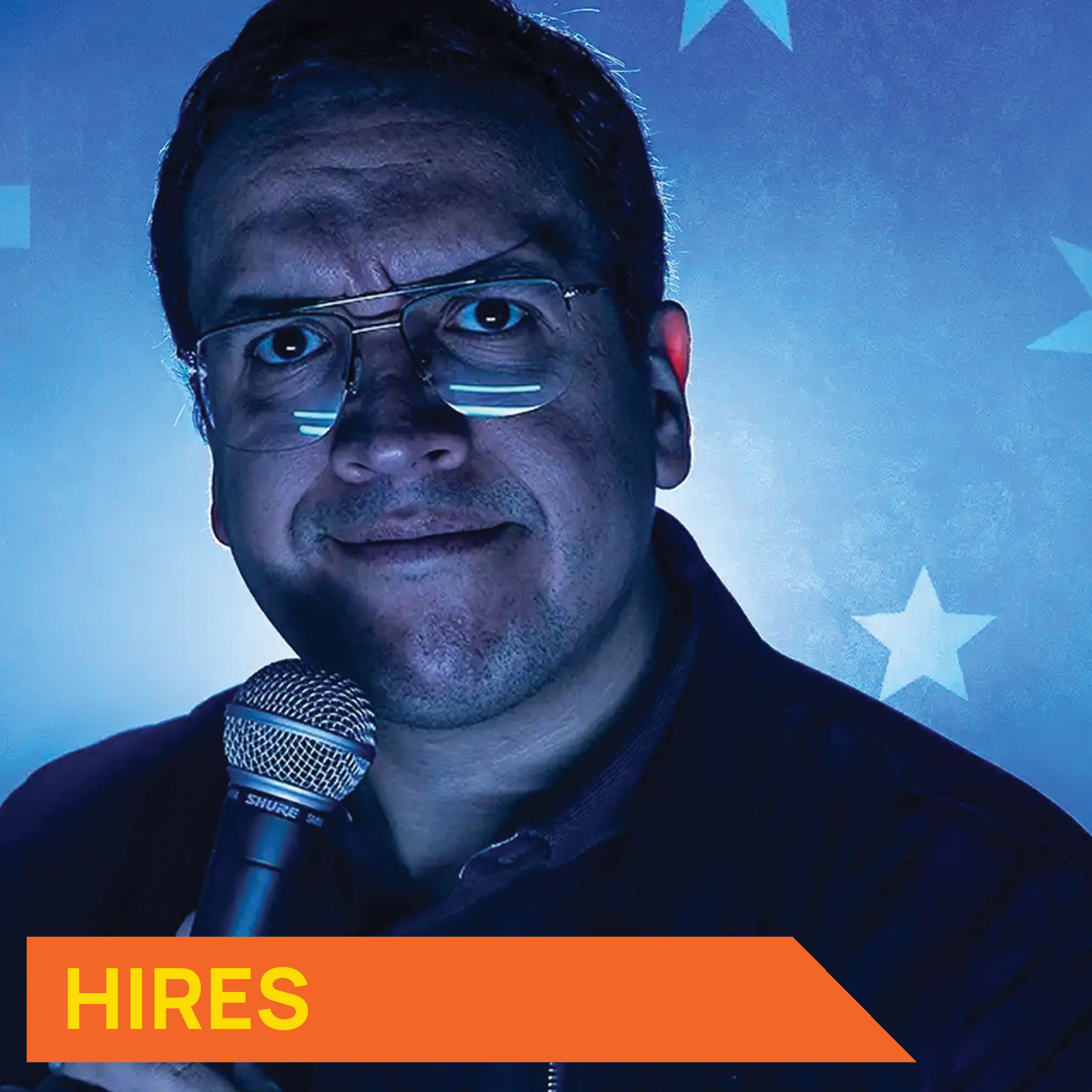 Photo of comedian Gabriel Murillo with text saying 'hires'