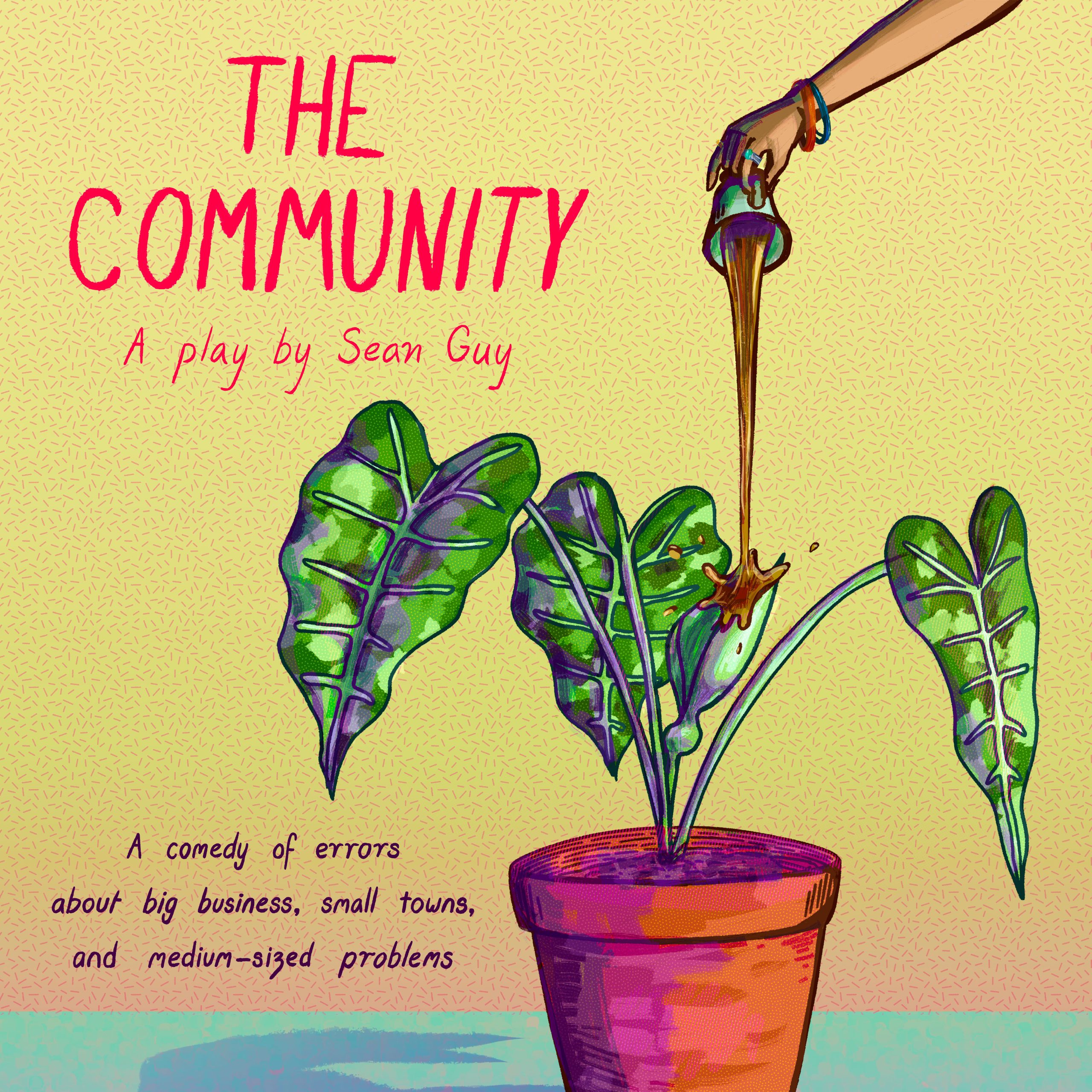 Drawing of plant with someone pouring coffee into it with text about the show