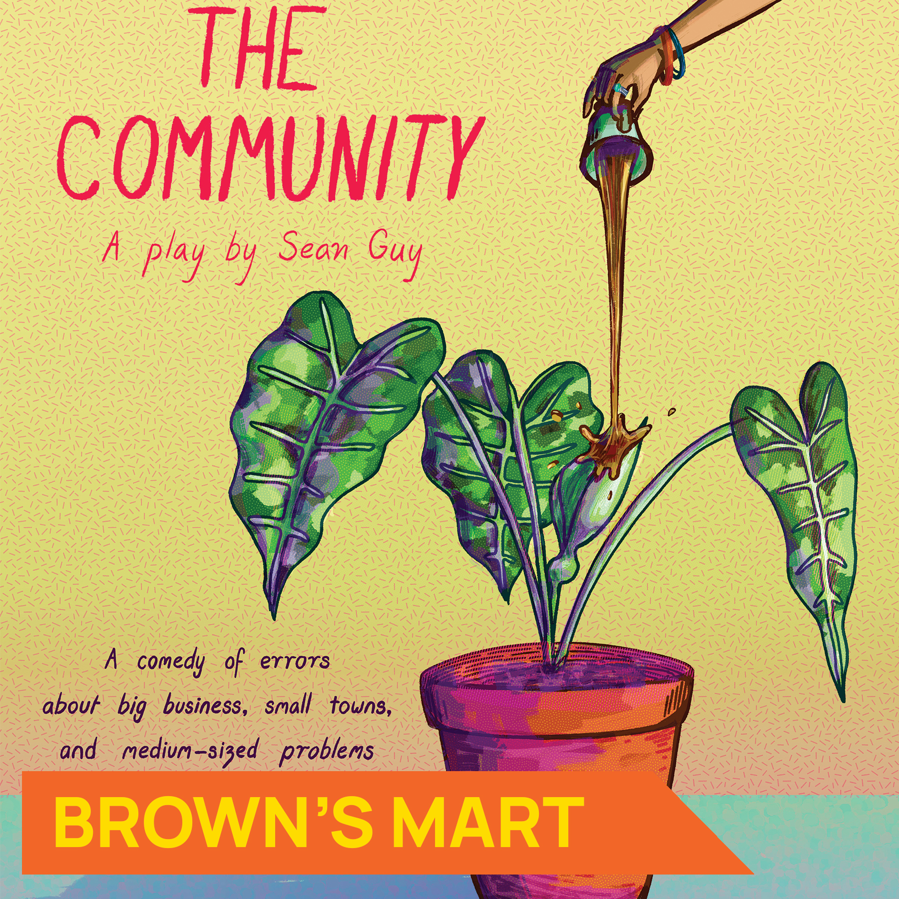 Drawing of plant with someone pouring coffee into it with text about the show