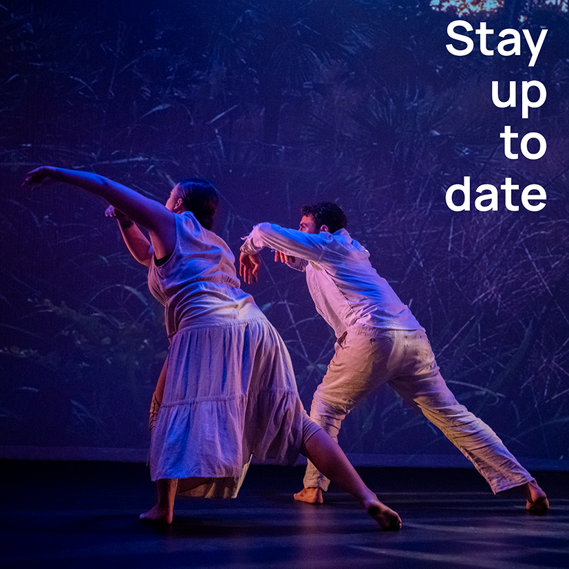photo of two people dancing with text that says "stay up to date"